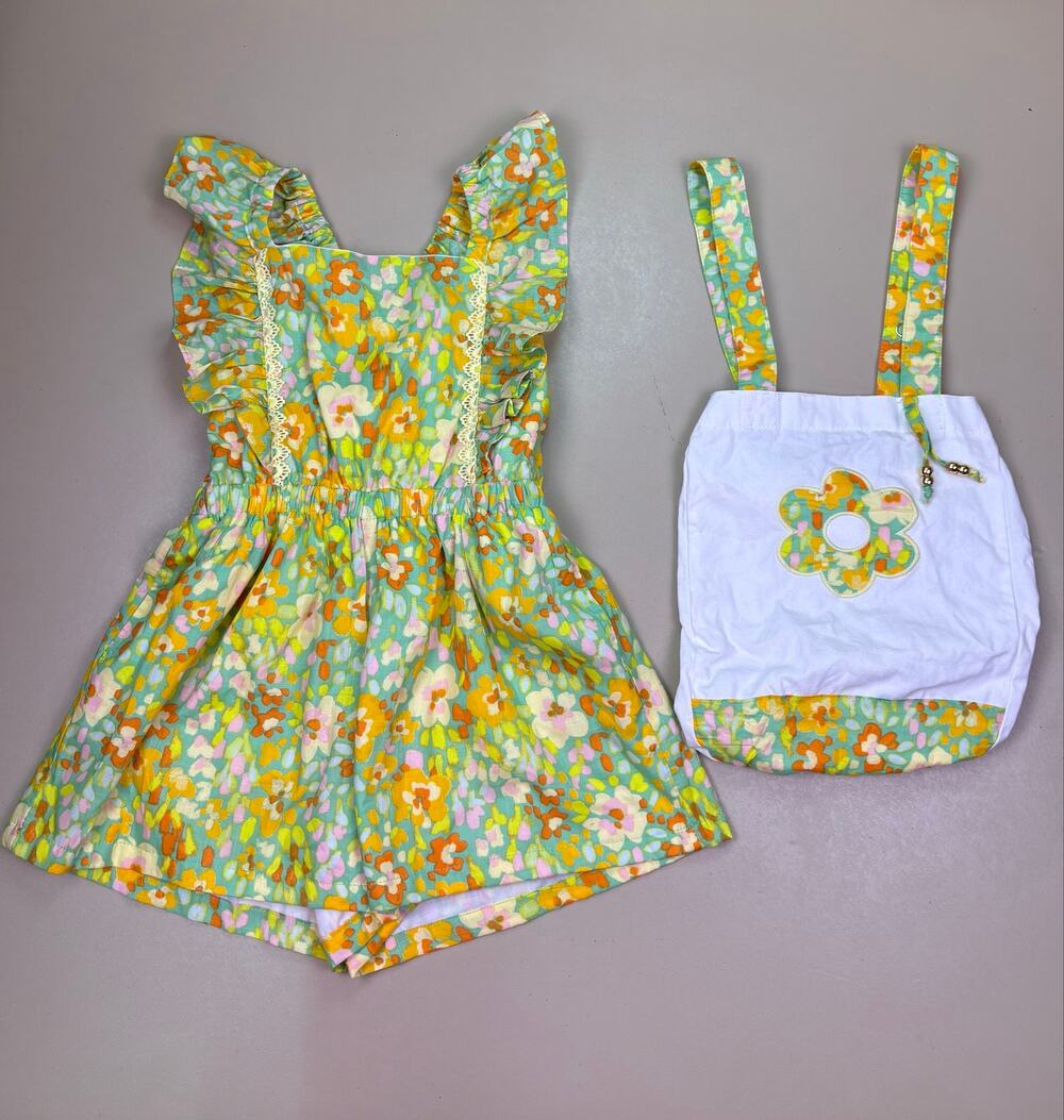 Etta Vee Girls Size 6 Floral Romper Ruffle Sleeve Green Orange Summer Outfit